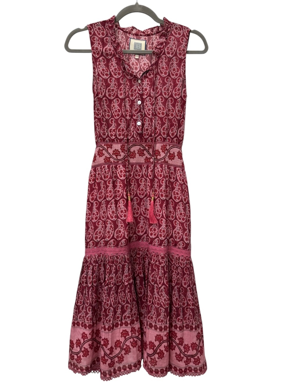 Bell by Alicia Bell Pink Red Paisley Tassel Tie Boho Midi Dress Sz XS